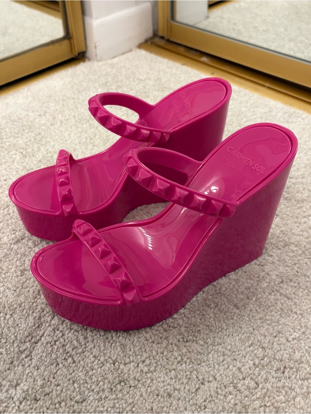 Carmen Sol Hot Pink Wedge Slide Sandals